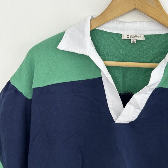 Z Supply Cropped Polo Rugby Short Sleeve Sweatshirt Shirt Size Small Green Blue - Picture 8 of 8